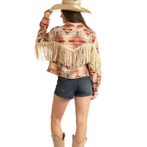 ROCK&ROLL Fringed Southwestern Print Cropped Jacket - Cream & Coral Size XS